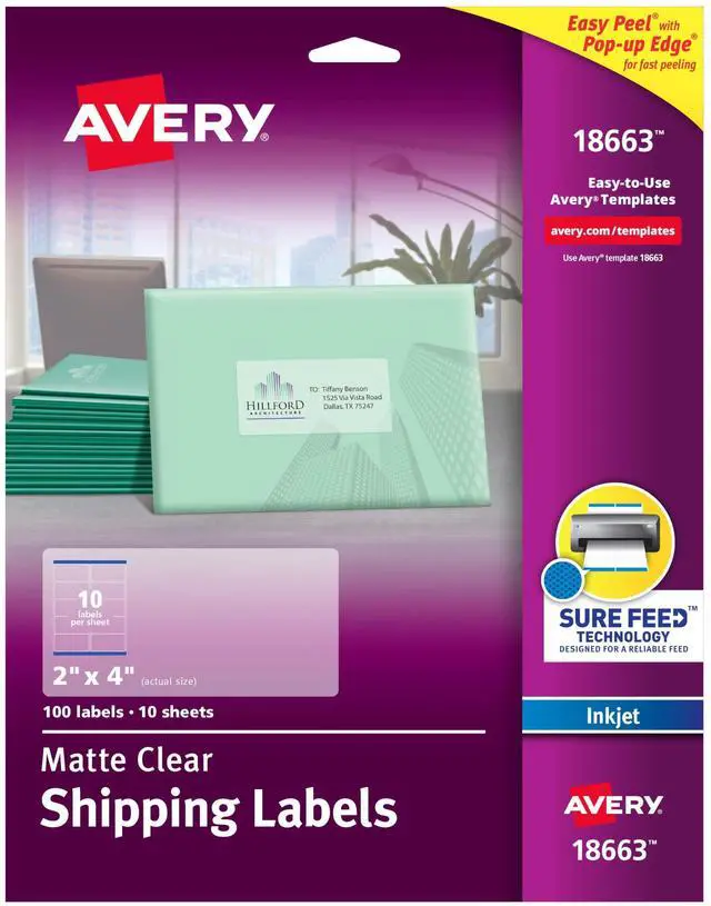 Main image of Printable Shipping Labels with Sure Feed, 2" x 4", Matte Clear, 100 Blank Mailing Labels (18663)