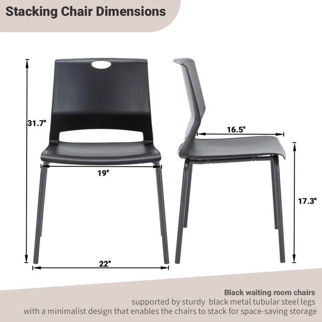 Alt view image 3 of 7 - Black Stackable Chairs Set of 4, Plastic Reception & Guest Chair | Durable Plastic Seat & Back, Sturdy Metal Legs, Stackable for Space-Saving, Ideal for Office Waiting Room, Classroom & Lobby