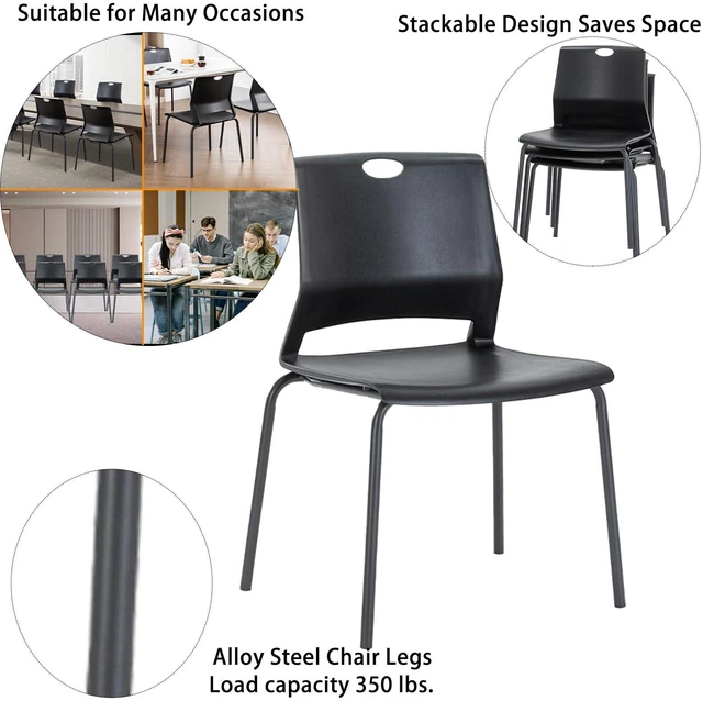 Alt view image 5 of 7 - Black Stackable Chairs Set of 4, Plastic Reception & Guest Chair | Durable Plastic Seat & Back, Sturdy Metal Legs, Stackable for Space-Saving, Ideal for Office Waiting Room, Classroom & Lobby