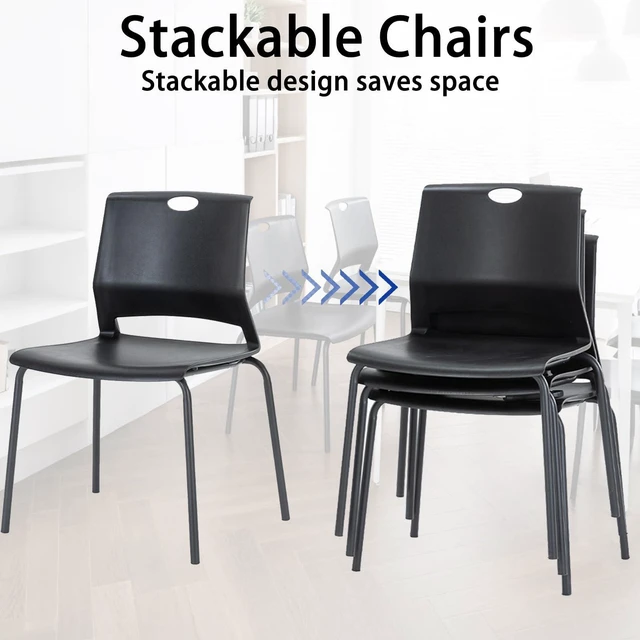 Alt view image 4 of 7 - Black Stackable Chairs Set of 4, Plastic Reception & Guest Chair | Durable Plastic Seat & Back, Sturdy Metal Legs, Stackable for Space-Saving, Ideal for Office Waiting Room, Classroom & Lobby