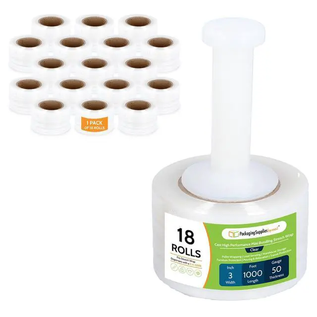 Alt view image 2 of 7 - PSBM 18 Rolls 3 Inch x 1000 Feet 50 Gauge Mini Stretch Film/Wrap with Plastic Handle, Industrial Strength Clear Shrink/Plastic Wrap for Moving, Packing, Shipping, Bundling & Storage