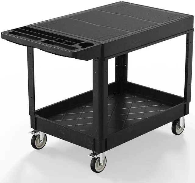 Main image of Plastic Utility Cart on Wheels, Large Flat Top Rolling Service Cart-Black | 46 x 25 Inch 2 Shelf Work Carts, 500 lbs Capacity Heavy Duty Tool Cart W/Tub Storage, for Warehouse, Garage, Cleaning