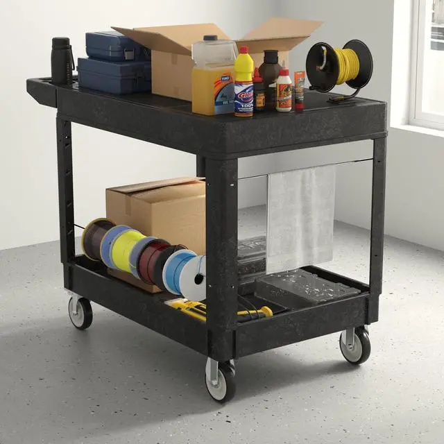 Alt view image 3 of 7 - Plastic Utility Cart on Wheels, Large Flat Top Rolling Service Cart-Black | 46 x 25 Inch 2 Shelf Work Carts, 500 lbs Capacity Heavy Duty Tool Cart W/Tub Storage, for Warehouse, Garage, Cleaning