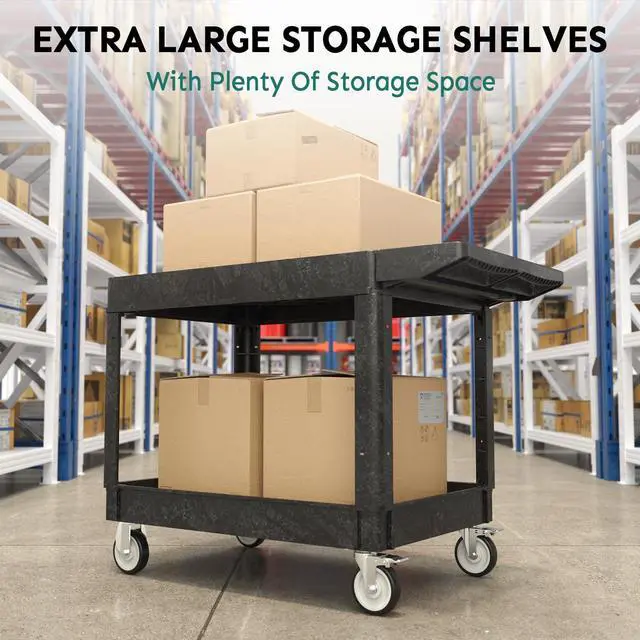 Alt view image 6 of 7 - Plastic Utility Cart on Wheels, Large Flat Top Rolling Service Cart-Black | 46 x 25 Inch 2 Shelf Work Carts, 500 lbs Capacity Heavy Duty Tool Cart W/Tub Storage, for Warehouse, Garage, Cleaning