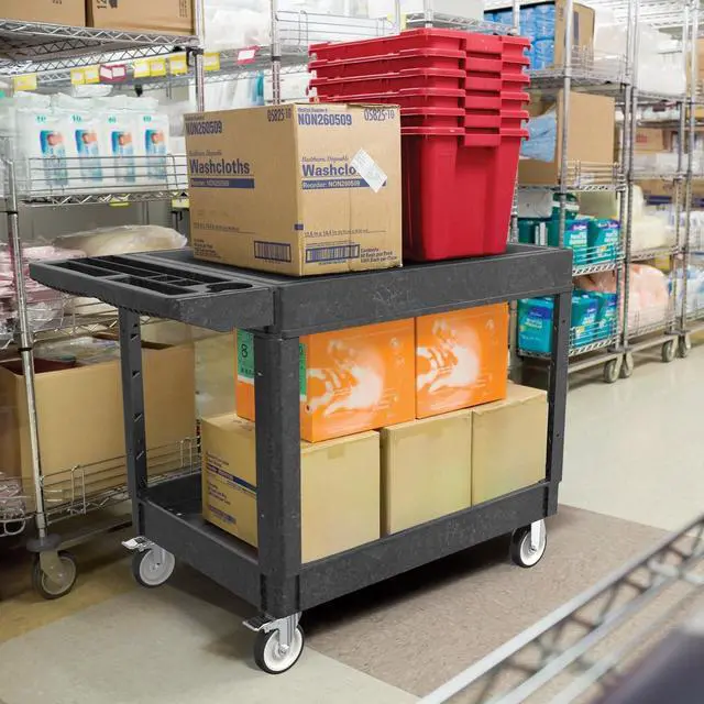 Alt view image 7 of 7 - Plastic Utility Cart on Wheels, Large Flat Top Rolling Service Cart-Black | 46 x 25 Inch 2 Shelf Work Carts, 500 lbs Capacity Heavy Duty Tool Cart W/Tub Storage, for Warehouse, Garage, Cleaning
