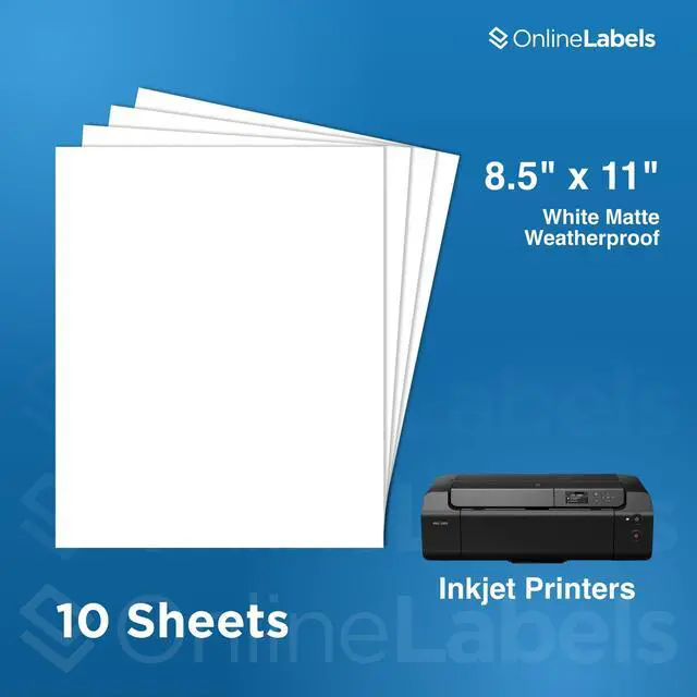 Alt view image 2 of 7 - OnlineLabels 8.5" x 11" Sticker Paper - Waterproof Matte - Inkjet Only | 10 Sheets, Permanent Adhesive, Blank Vinyl-Like Full Sheet White Labels, Inkjet Compatible, Works With Cricut & Silhouette