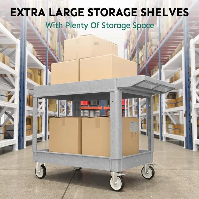 Alt view image 3 of 4 - Plastic Utility Cart on Wheels, Large Flat Top Rolling Service Cart-Gray | 46 x 25 Inch 2 Shelf Work Carts, 500 lbs Capacity Heavy Duty Tool Cart W/Tub Storage, for Warehouse, Garage, Cleaning