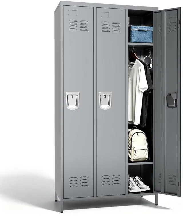 Main image of 3-Door Lockers for Employees, Metal Storage Cabinet | Heavy-duty steel, lockable, shelves & hooks, ventilated, card slot included, fits home/office/school/gym, easy assembly