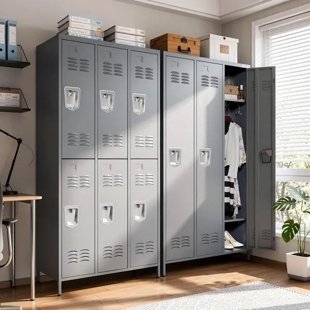 Alt view image 2 of 7 - 3-Door Lockers for Employees, Metal Storage Cabinet | Heavy-duty steel, lockable, shelves & hooks, ventilated, card slot included, fits home/office/school/gym, easy assembly