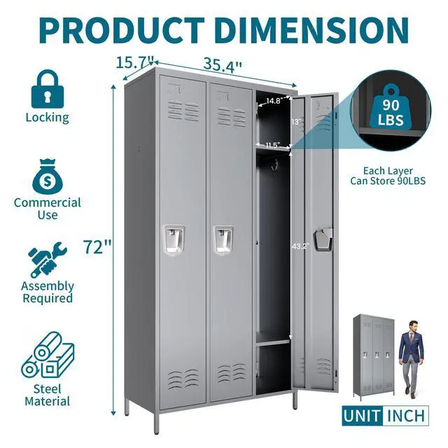 Alt view image 3 of 7 - 3-Door Lockers for Employees, Metal Storage Cabinet | Heavy-duty steel, lockable, shelves & hooks, ventilated, card slot included, fits home/office/school/gym, easy assembly