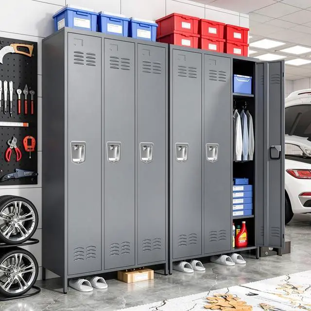 Alt view image 6 of 7 - 3-Door Lockers for Employees, Metal Storage Cabinet | Heavy-duty steel, lockable, shelves & hooks, ventilated, card slot included, fits home/office/school/gym, easy assembly