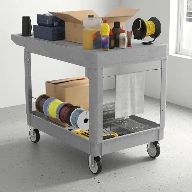Alt view image 4 of 4 - Plastic Utility Cart on Wheels, Large Flat Top Rolling Service Cart-Gray | 46 x 25 Inch 2 Shelf Work Carts, 500 lbs Capacity Heavy Duty Tool Cart W/Tub Storage, for Warehouse, Garage, Cleaning