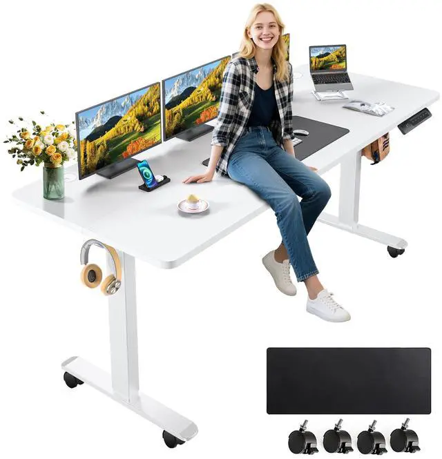 Main image of Electric Standing Desk Adjustable Height, 63x24 Inches Stand up Desk with Rolling Wheels, Mouse Pad,Home Office Writing Gaming Computer Workstation Table(White)