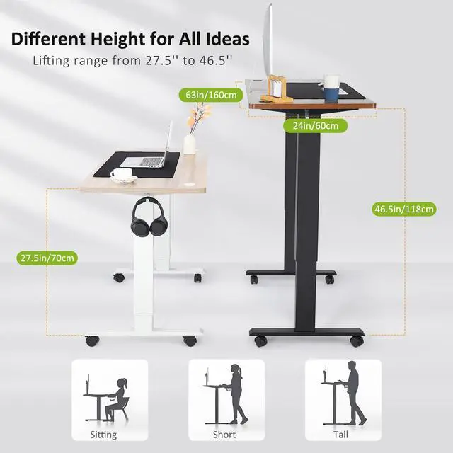 Alt view image 6 of 7 - Electric Standing Desk Adjustable Height, 63x24 Inches Stand up Desk with Rolling Wheels, Mouse Pad,Home Office Writing Gaming Computer Workstation Table(White)