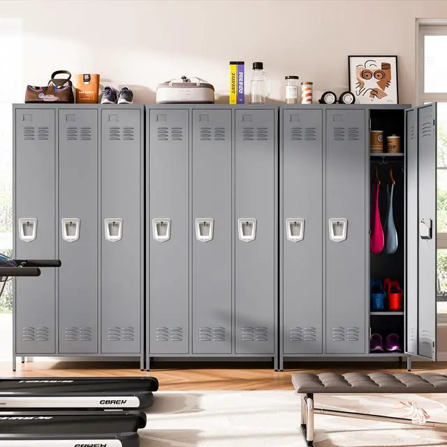 Alt view image 7 of 7 - 3-Door Lockers for Employees, Metal Storage Cabinet | Heavy-duty steel, lockable, shelves & hooks, ventilated, card slot included, fits home/office/school/gym, easy assembly