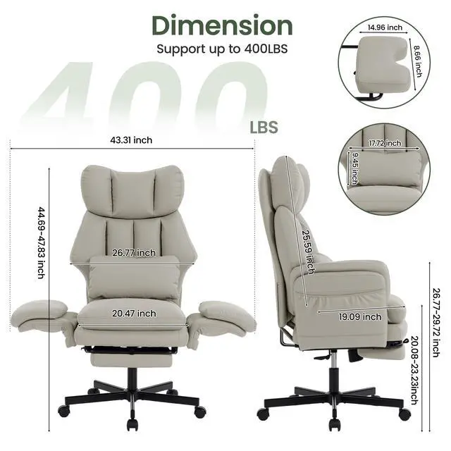 Alt view image 2 of 7 - Criss Cross Chair with Footrest, Big and Tall Office Chair with Flip Arms | Reclining Computer Gaming Chair with Lumbar Pillow & Pocket Spring Seat, Executive Desk Chair, PU Leather, Grey