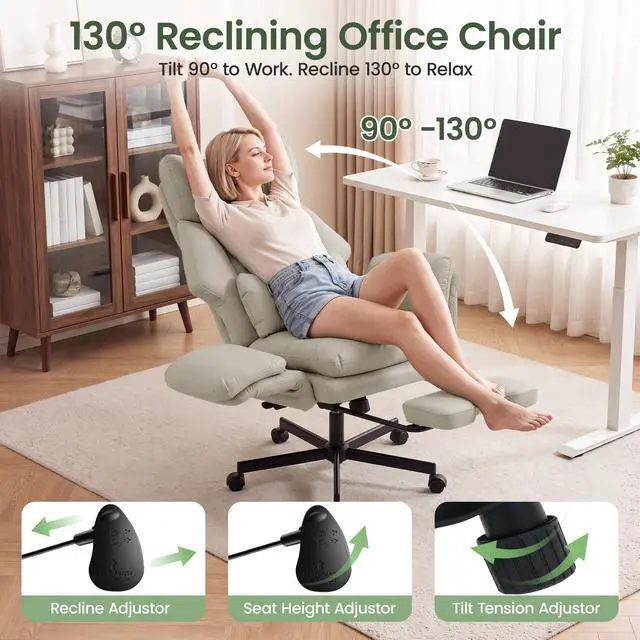Alt view image 3 of 7 - Criss Cross Chair with Footrest, Big and Tall Office Chair with Flip Arms | Reclining Computer Gaming Chair with Lumbar Pillow & Pocket Spring Seat, Executive Desk Chair, PU Leather, Grey