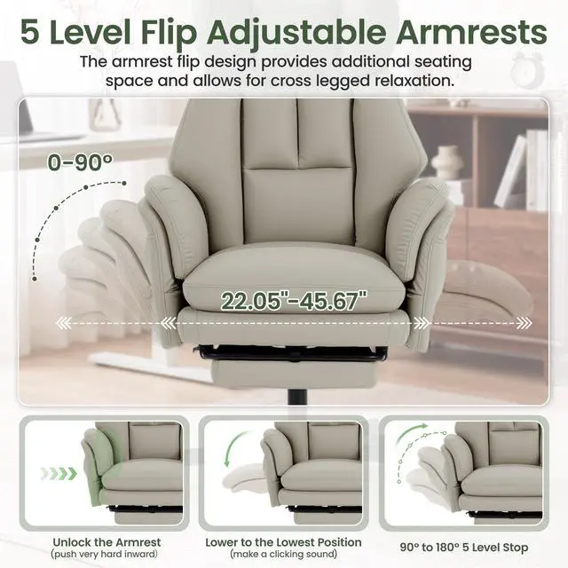 Alt view image 4 of 7 - Criss Cross Chair with Footrest, Big and Tall Office Chair with Flip Arms | Reclining Computer Gaming Chair with Lumbar Pillow & Pocket Spring Seat, Executive Desk Chair, PU Leather, Grey
