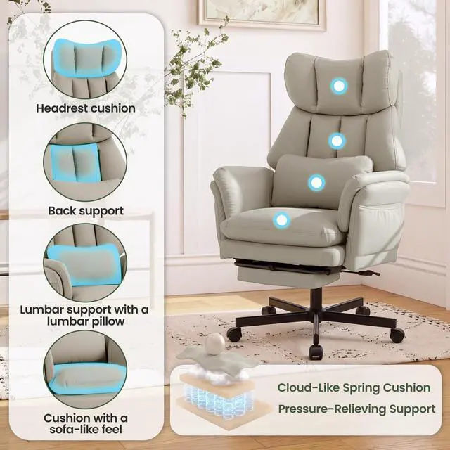 Alt view image 6 of 7 - Criss Cross Chair with Footrest, Big and Tall Office Chair with Flip Arms | Reclining Computer Gaming Chair with Lumbar Pillow & Pocket Spring Seat, Executive Desk Chair, PU Leather, Grey