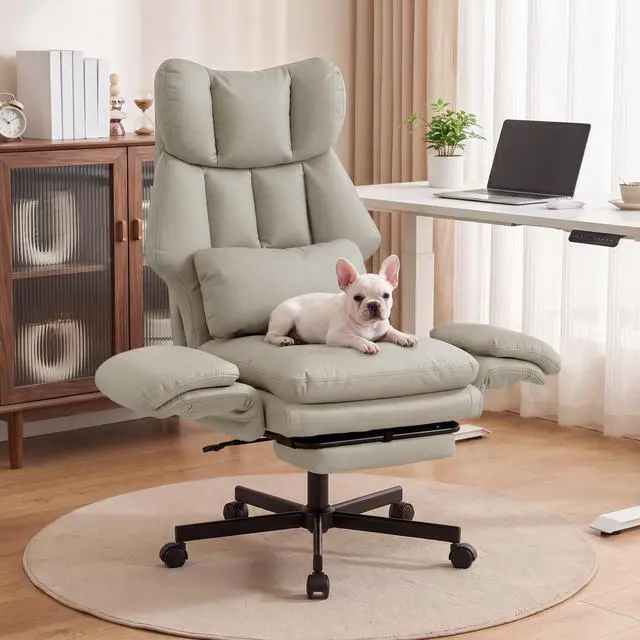 Alt view image 5 of 7 - Criss Cross Chair with Footrest, Big and Tall Office Chair with Flip Arms | Reclining Computer Gaming Chair with Lumbar Pillow & Pocket Spring Seat, Executive Desk Chair, PU Leather, Grey