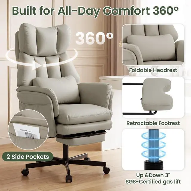 Alt view image 7 of 7 - Criss Cross Chair with Footrest, Big and Tall Office Chair with Flip Arms | Reclining Computer Gaming Chair with Lumbar Pillow & Pocket Spring Seat, Executive Desk Chair, PU Leather, Grey