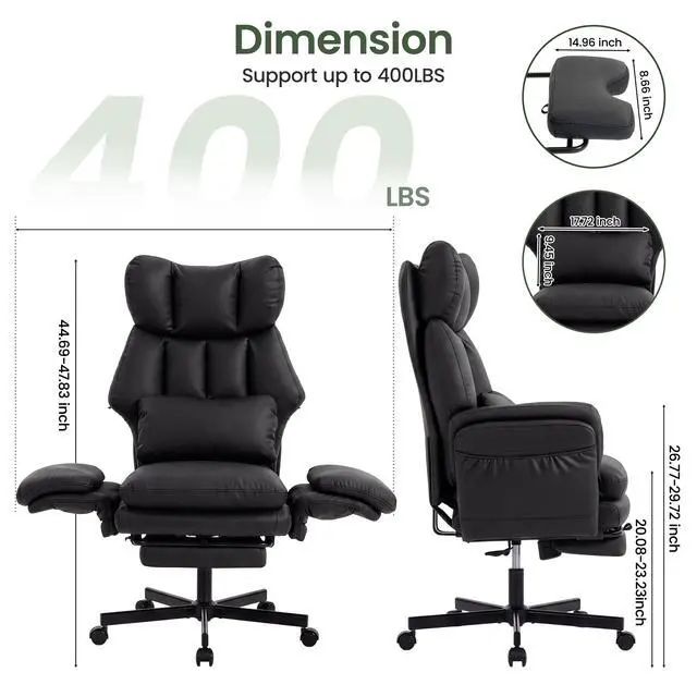 Alt view image 2 of 7 - Criss Cross Chair with Footrest, Big and Tall Office Chair with Flip Arms | Reclining Computer Gaming Chair with Lumbar Pillow & Pocket Spring Seat, Executive Desk Chair, PU Leather, Balck