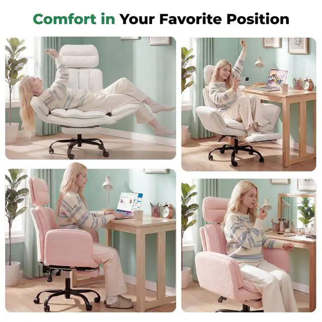 Alt view image 5 of 7 - Criss Cross Office Chair with Armrests & Wheels, Comfy Velvet Vanity Chair, Ergonomic Executive Gaming Computer Chairs with Foot Rest, Wide Seat Reclining Desk Chair, White