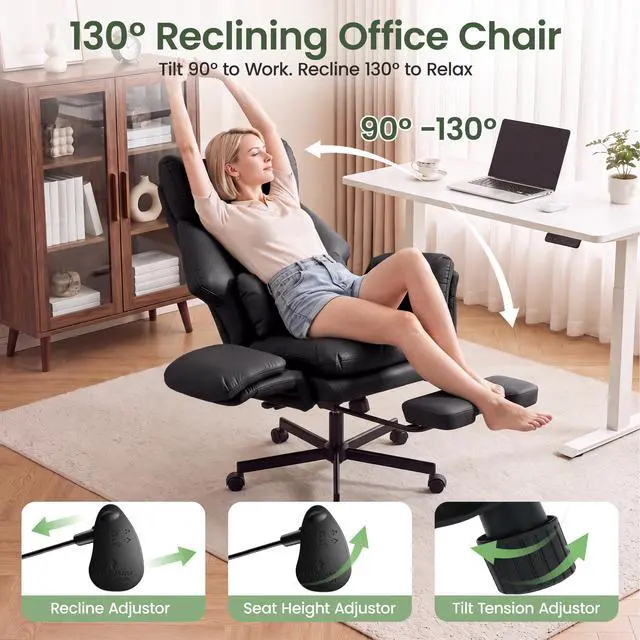 Alt view image 3 of 7 - Criss Cross Chair with Footrest, Big and Tall Office Chair with Flip Arms | Reclining Computer Gaming Chair with Lumbar Pillow & Pocket Spring Seat, Executive Desk Chair, PU Leather, Balck