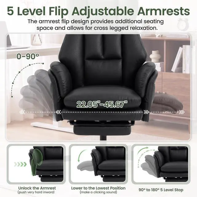 Alt view image 4 of 7 - Criss Cross Chair with Footrest, Big and Tall Office Chair with Flip Arms | Reclining Computer Gaming Chair with Lumbar Pillow & Pocket Spring Seat, Executive Desk Chair, PU Leather, Balck