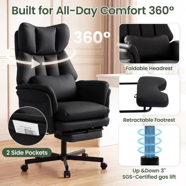 Alt view image 6 of 7 - Criss Cross Chair with Footrest, Big and Tall Office Chair with Flip Arms | Reclining Computer Gaming Chair with Lumbar Pillow & Pocket Spring Seat, Executive Desk Chair, PU Leather, Balck