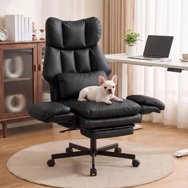 Alt view image 5 of 7 - Criss Cross Chair with Footrest, Big and Tall Office Chair with Flip Arms | Reclining Computer Gaming Chair with Lumbar Pillow & Pocket Spring Seat, Executive Desk Chair, PU Leather, Balck