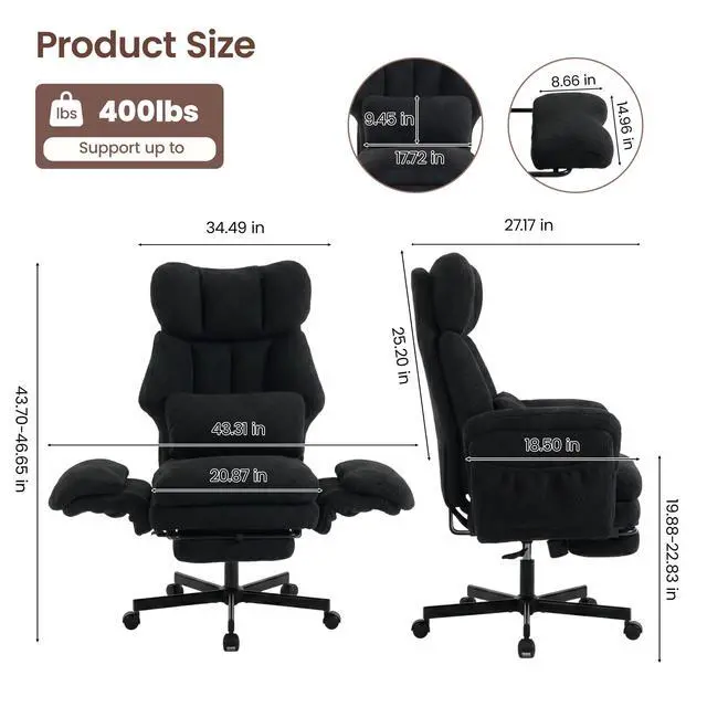 Alt view image 2 of 7 - Criss Cross Chair with Footrest, Big and Tall Office Chair with Flip Arms | Reclining Computer Game Chair with Adjustable Headrest, Lumbar Pillow & Spring Seat, Executive Desk Chairs, Teddy Black