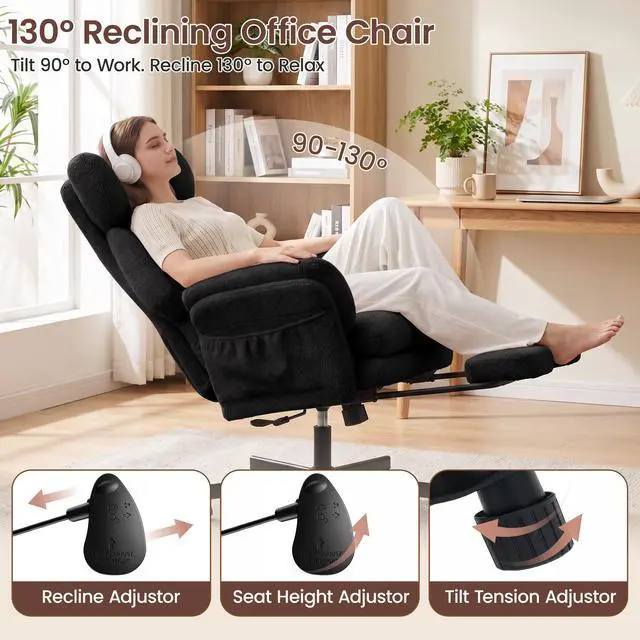 Alt view image 4 of 7 - Criss Cross Chair with Footrest, Big and Tall Office Chair with Flip Arms | Reclining Computer Game Chair with Adjustable Headrest, Lumbar Pillow & Spring Seat, Executive Desk Chairs, Teddy Black