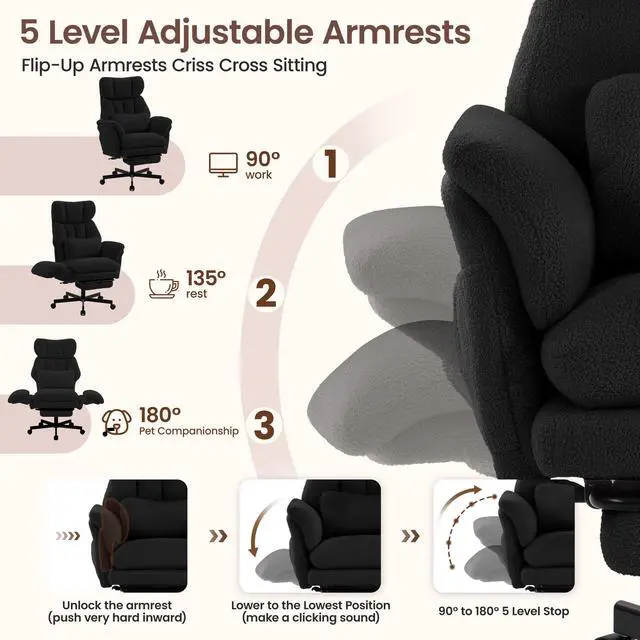 Alt view image 3 of 7 - Criss Cross Chair with Footrest, Big and Tall Office Chair with Flip Arms | Reclining Computer Game Chair with Adjustable Headrest, Lumbar Pillow & Spring Seat, Executive Desk Chairs, Teddy Black