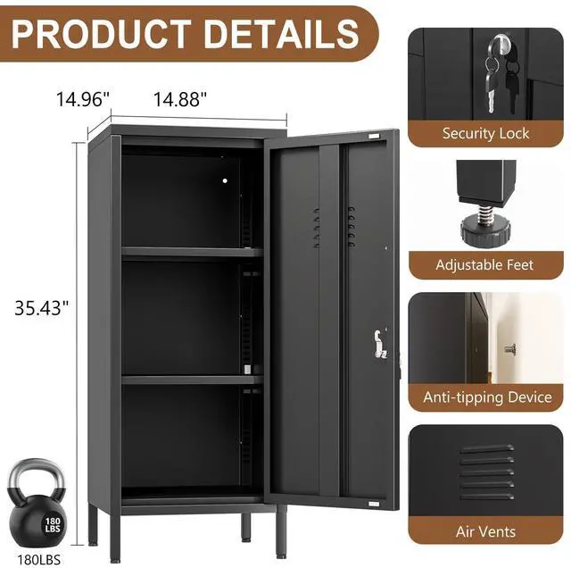 Alt view image 4 of 7 - 35.43" Black Lockable Small Metal Storage Locker | Employees Locker with 1 Door & 2 Adjustable Shelves, Steel Cabinet for Employees, Home, School, Office & Gym