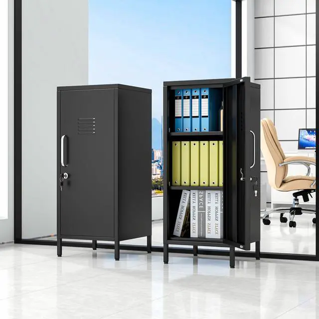 Alt view image 2 of 7 - 35.43" Black Lockable Small Metal Storage Locker | 1 Door & 2 Adjustable Shelves, Steel Cabinet for Employees, Home, School, Office & Gym