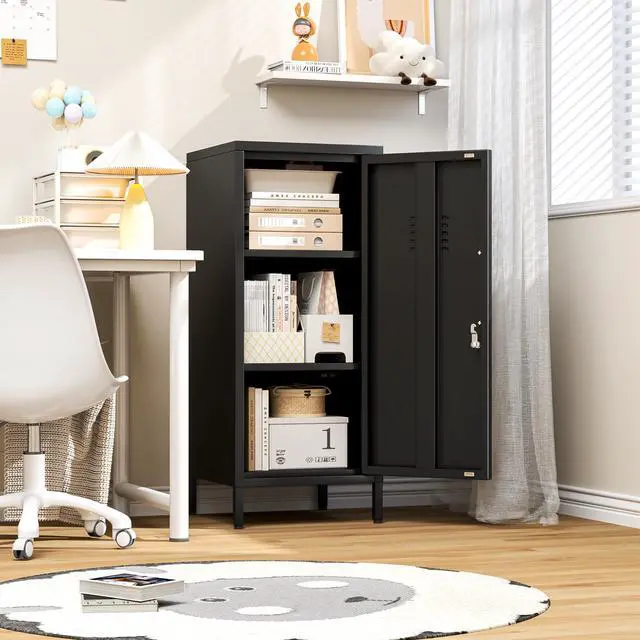 Alt view image 5 of 7 - 35.43" Black Lockable Small Metal Storage Locker | 1 Door & 2 Adjustable Shelves, Steel Cabinet for Employees, Home, School, Office & Gym