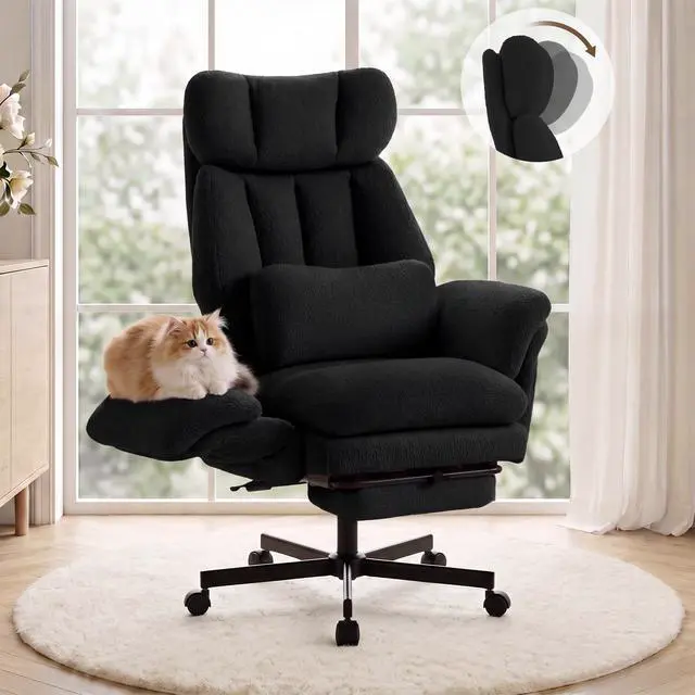 Alt view image 5 of 7 - Criss Cross Chair with Footrest, Big and Tall Office Chair with Flip Arms | Reclining Computer Game Chair with Adjustable Headrest, Lumbar Pillow & Spring Seat, Executive Desk Chairs, Teddy Black
