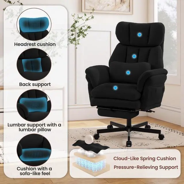 Alt view image 7 of 7 - Criss Cross Chair with Footrest, Big and Tall Office Chair with Flip Arms | Reclining Computer Game Chair with Adjustable Headrest, Lumbar Pillow & Spring Seat, Executive Desk Chairs, Teddy Black