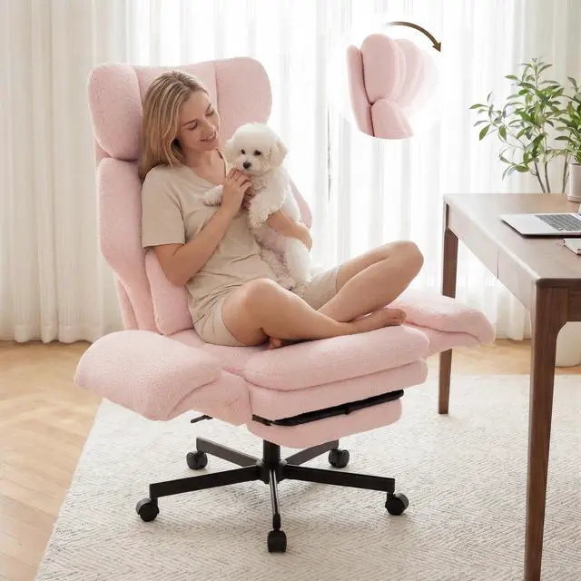 Main image of Criss Cross Chair with Footrest, Big and Tall Office Chair with Flip Arms | Reclining Computer Gaming Chair with Adjustable Headrest, Lumbar Pillow & Spring Seat, Executive Desk Chair, Teddy Pink