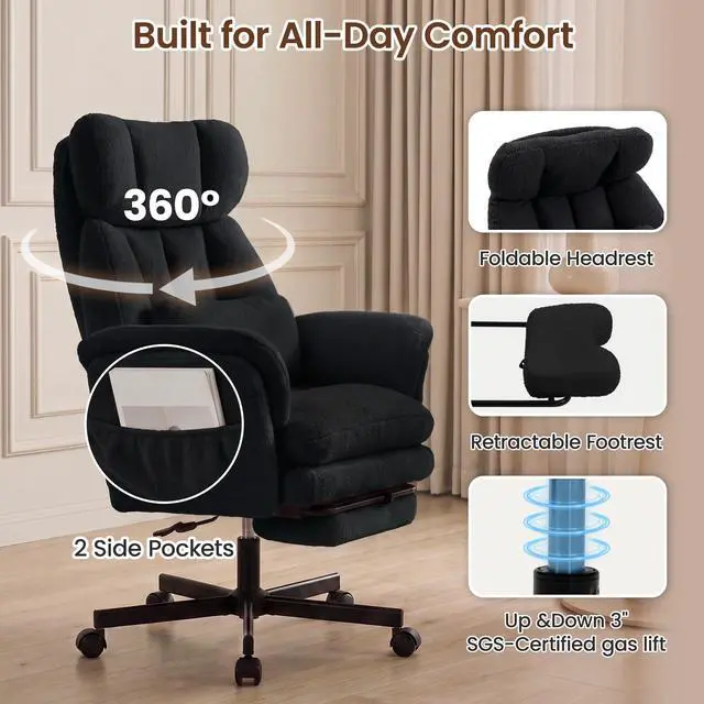 Alt view image 6 of 7 - Criss Cross Chair with Footrest, Big and Tall Office Chair with Flip Arms | Reclining Computer Game Chair with Adjustable Headrest, Lumbar Pillow & Spring Seat, Executive Desk Chairs, Teddy Black
