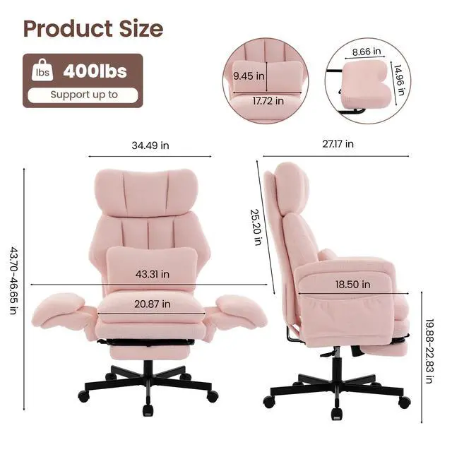 Alt view image 2 of 7 - Criss Cross Chair with Footrest, Big and Tall Office Chair with Flip Arms | Reclining Computer Gaming Chair with Adjustable Headrest, Lumbar Pillow & Spring Seat, Executive Desk Chair, Teddy Pink