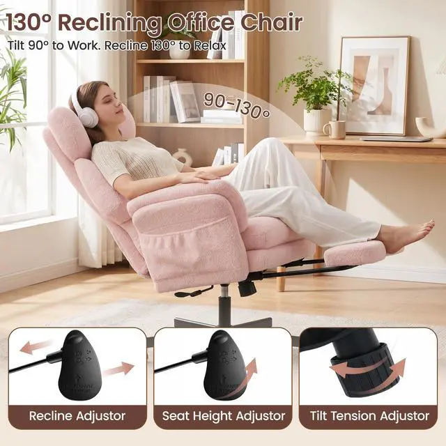 Alt view image 3 of 7 - Criss Cross Chair with Footrest, Big and Tall Office Chair with Flip Arms | Reclining Computer Gaming Chair with Adjustable Headrest, Lumbar Pillow & Spring Seat, Executive Desk Chair, Teddy Pink