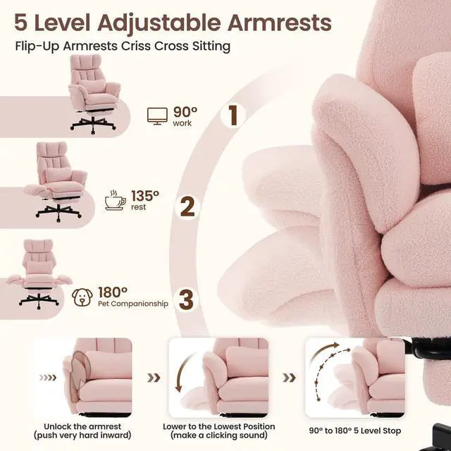 Alt view image 4 of 7 - Criss Cross Chair with Footrest, Big and Tall Office Chair with Flip Arms | Reclining Computer Gaming Chair with Adjustable Headrest, Lumbar Pillow & Spring Seat, Executive Desk Chair, Teddy Pink