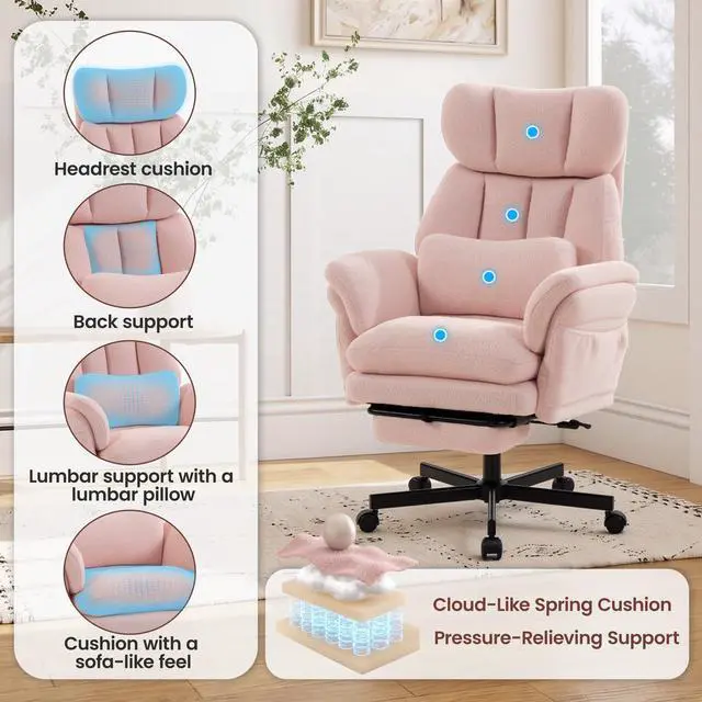 Alt view image 6 of 7 - Criss Cross Chair with Footrest, Big and Tall Office Chair with Flip Arms | Reclining Computer Gaming Chair with Adjustable Headrest, Lumbar Pillow & Spring Seat, Executive Desk Chair, Teddy Pink