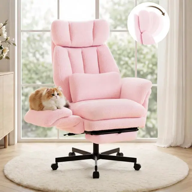 Alt view image 5 of 7 - Criss Cross Chair with Footrest, Big and Tall Office Chair with Flip Arms | Reclining Computer Gaming Chair with Adjustable Headrest, Lumbar Pillow & Spring Seat, Executive Desk Chair, Teddy Pink
