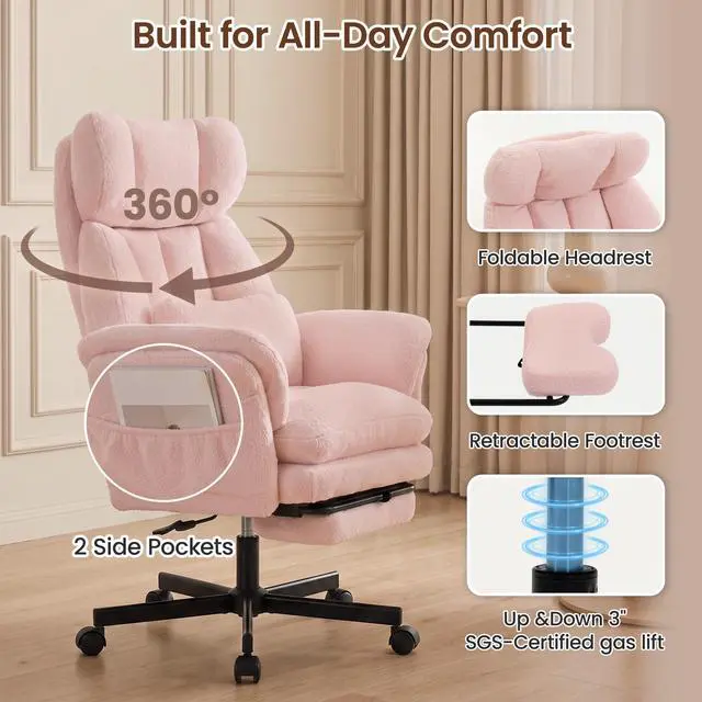 Alt view image 7 of 7 - Criss Cross Chair with Footrest, Big and Tall Office Chair with Flip Arms | Reclining Computer Gaming Chair with Adjustable Headrest, Lumbar Pillow & Spring Seat, Executive Desk Chair, Teddy Pink
