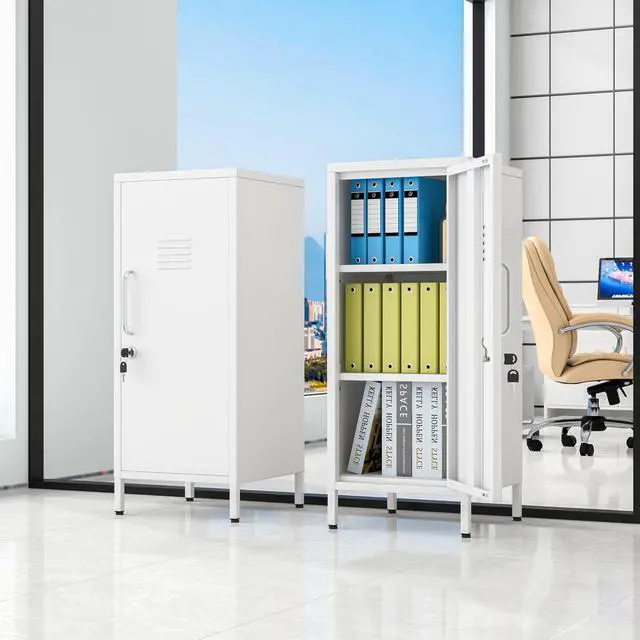 Alt view image 2 of 7 - 35.43" White Lockable Small Metal Storage Locker | 1 Door & 2 Adjustable Shelves, Steel Cabinet for Employees, Home, School, Office & Gym