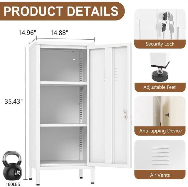 Alt view image 3 of 7 - 35.43" White Lockable Small Metal Storage Locker | Employees Locker with 1 Door & 2 Adjustable Shelves, Steel Cabinet for Employees, Home, School, Office & Gym