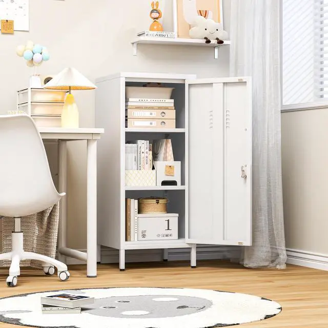 Alt view image 6 of 7 - 35.43" White Lockable Small Metal Storage Locker | 1 Door & 2 Adjustable Shelves, Steel Cabinet for Employees, Home, School, Office & Gym